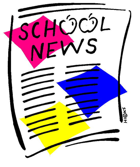 Hand-drawn illustration of a "School News" newspaper with colorful geometric shapes and stylized text.