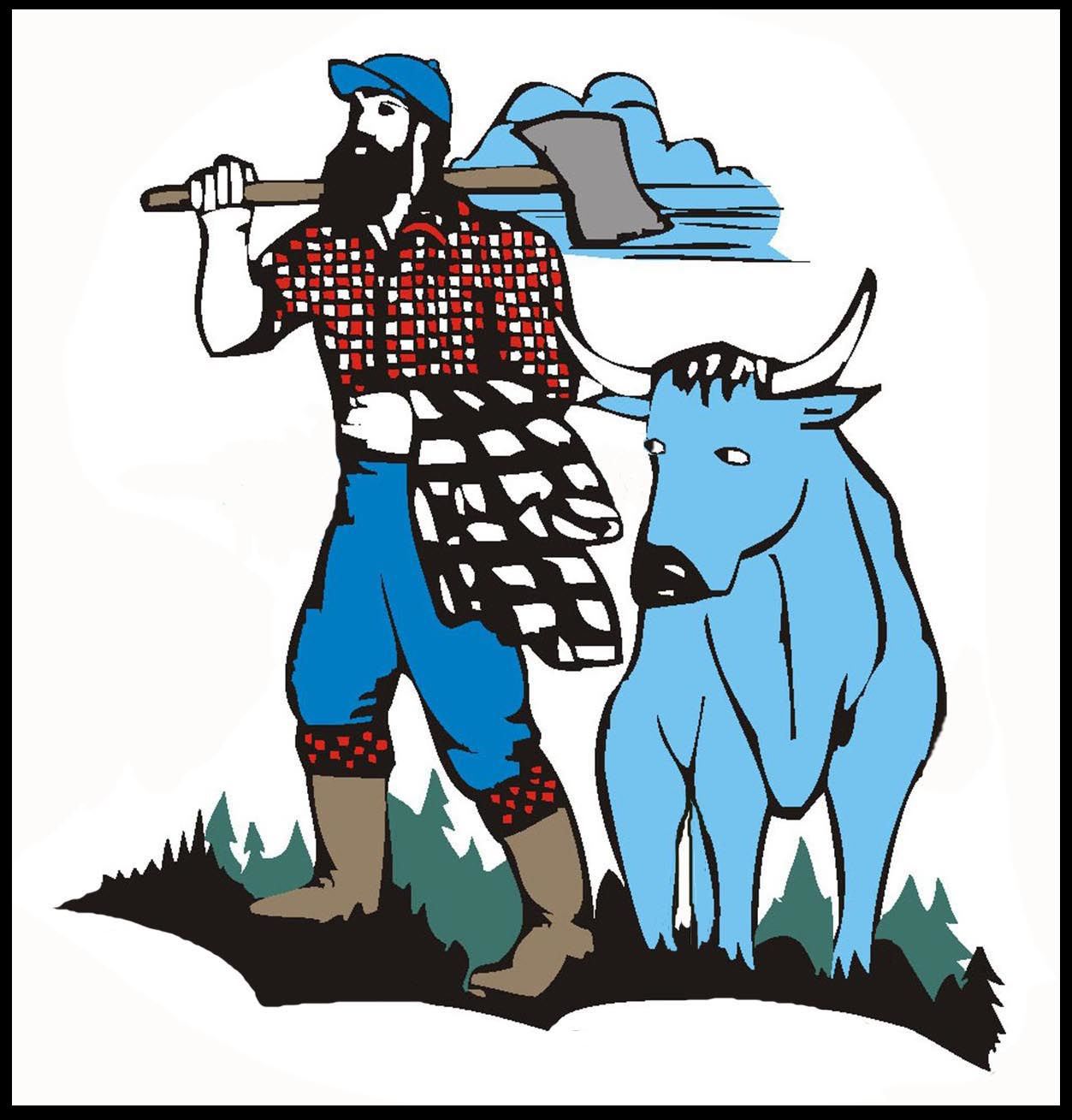 Bearded lumberjack in red plaid shirt and blue cap holds axe beside a blue ox, standing on forested ground with lake and hills behind.