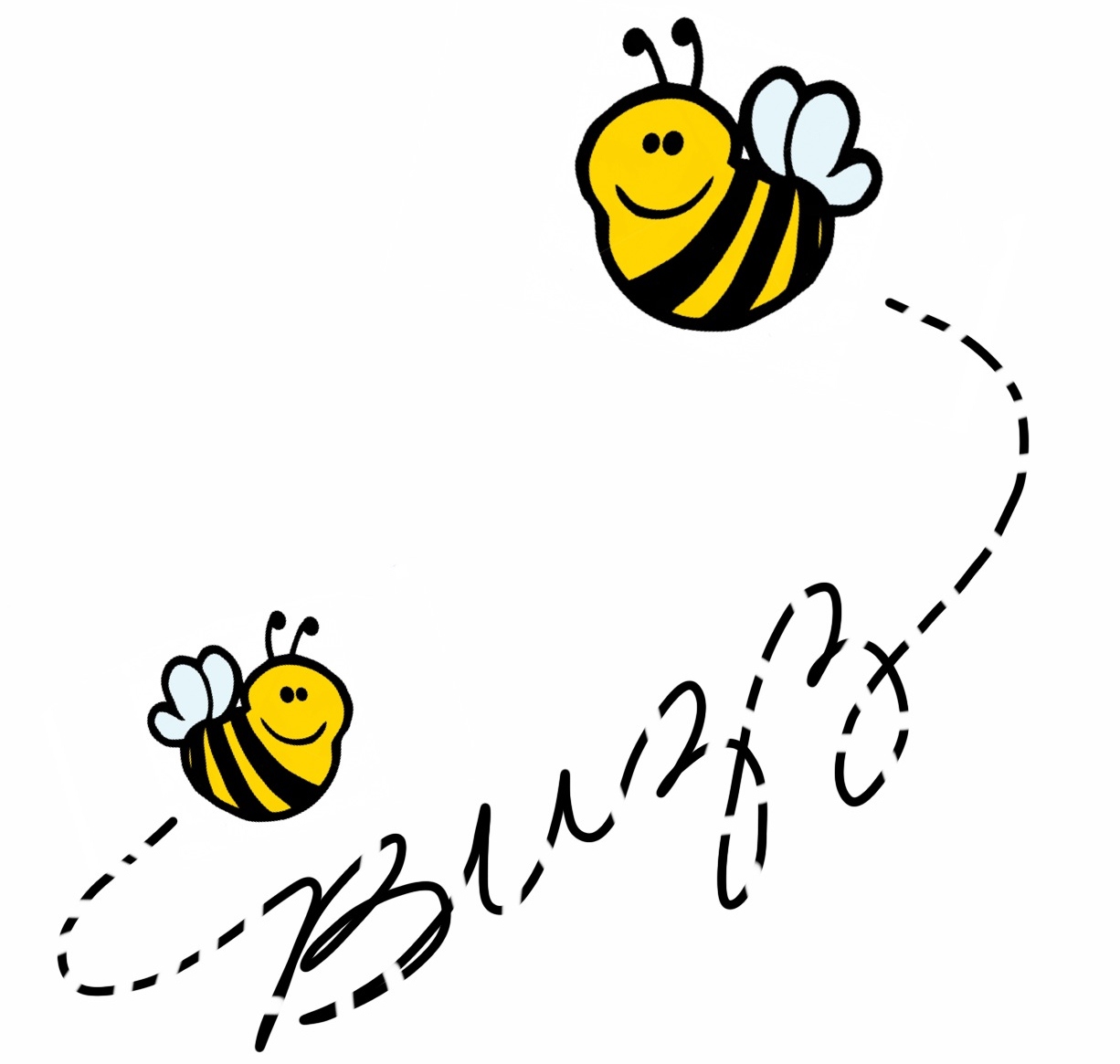 Two cheerful cartoon bees flying along a dashed curved path with playful cursive script below.
