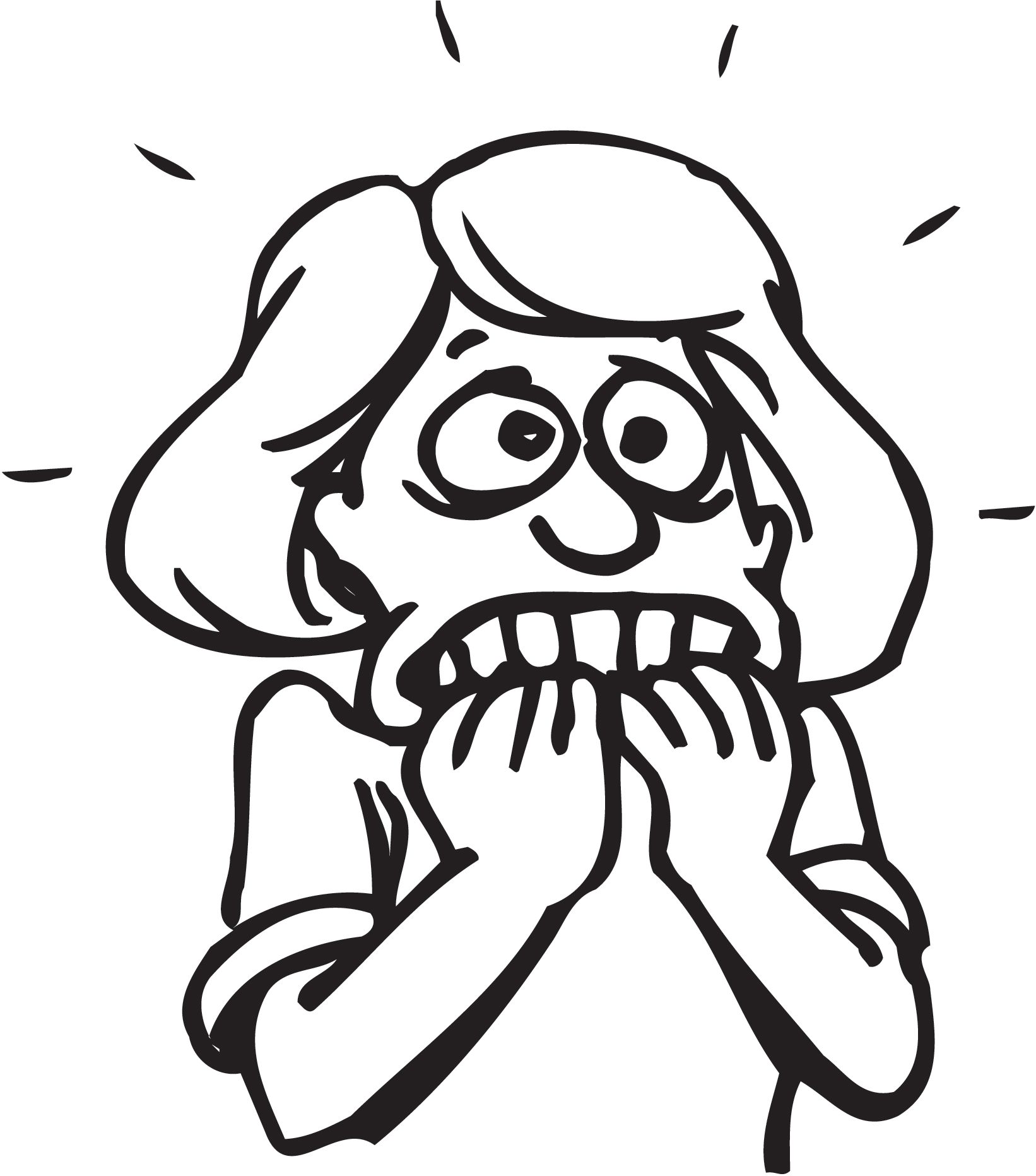 Cartoon girl with wide eyes and hands over mouth, expressing shock or fear.