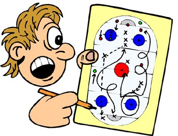 Animated coach pointing at a soccer tactics board with player positions and movement arrows.