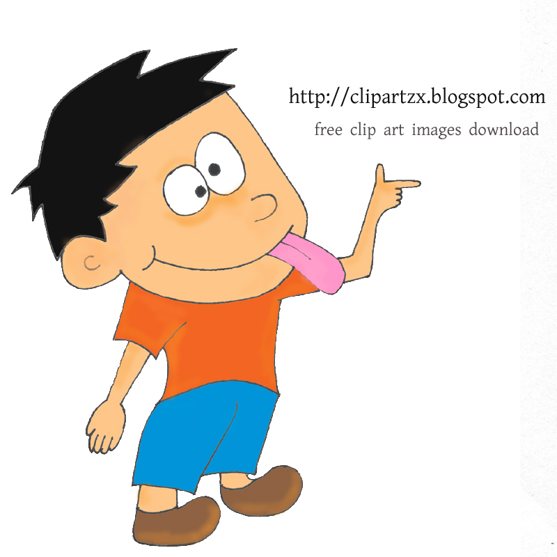 Cartoon boy with spiky black hair, orange shirt, blue shorts, sticking out tongue and pointing right.