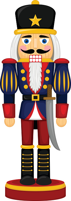 Classic wooden nutcracker soldier with black hat, blue uniform, white beard, and sword on red base.