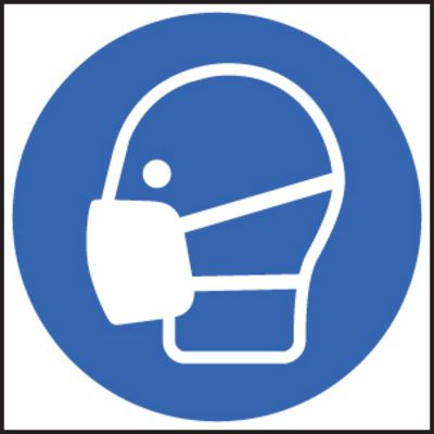Blue circular safety sign showing a white silhouette of a person wearing a face mask.
