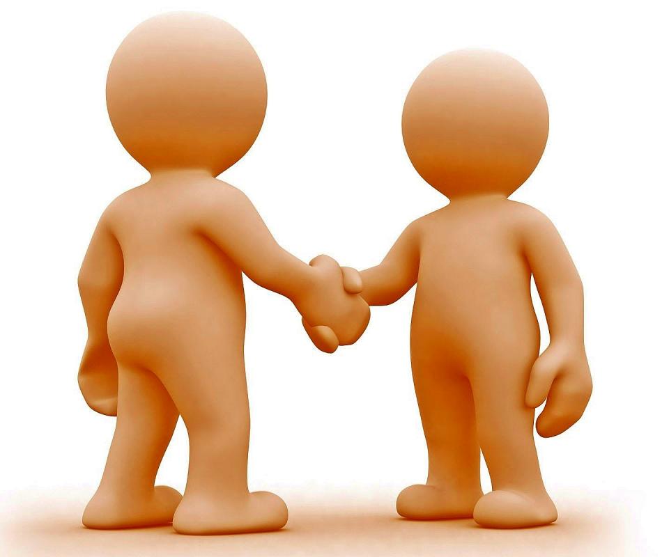 Two stylized 3D human figures shaking hands, symbolizing agreement, partnership, or collaboration.