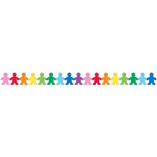 A row of colorful paper cutout figures in rainbow order holding hands, symbolizing unity and diversity.