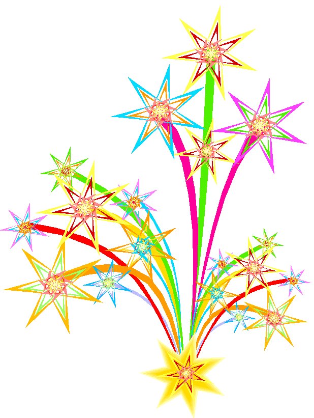 Colorful starburst fireworks illustration with vibrant multicolored trails and layered stars on white background.