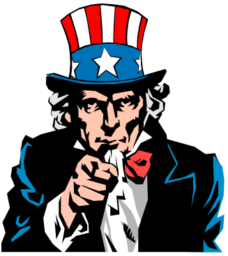 Uncle Sam pointing directly at viewer, wearing patriotic top hat with stars and stripes, red bowtie, and formal suit.