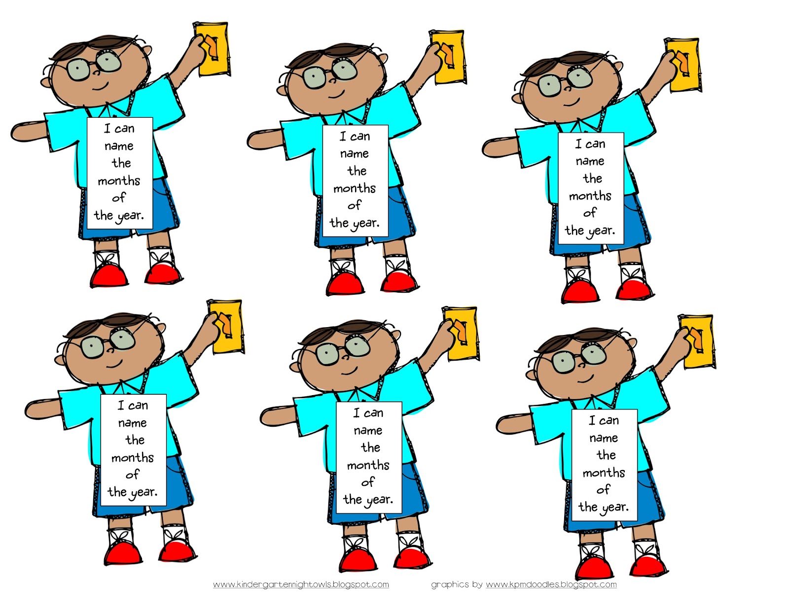 Six identical cartoon children holding yellow cards and signs reading "I can name the months of the year."