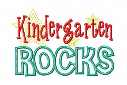 Embroidered-style "Kindergarten ROCKS" text with red cursive font, green outlined block letters, and yellow stars on white background.