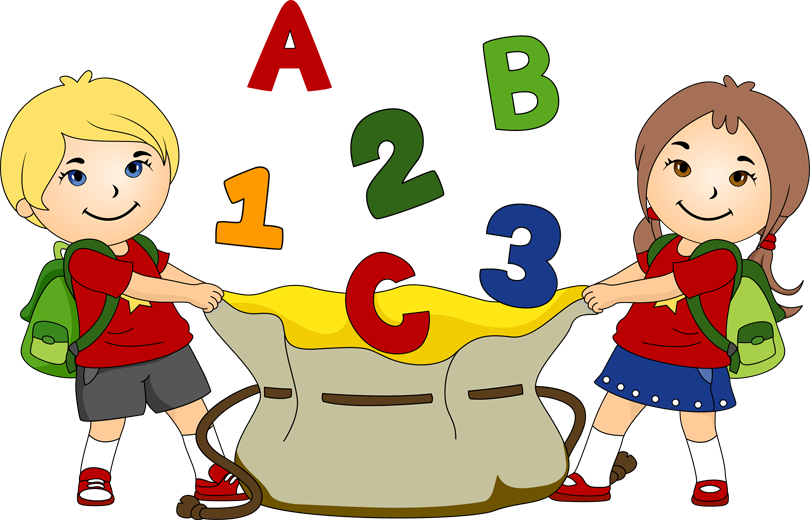 Two smiling children pulling open a sack filled with colorful letters and numbers, symbolizing early learning and education.