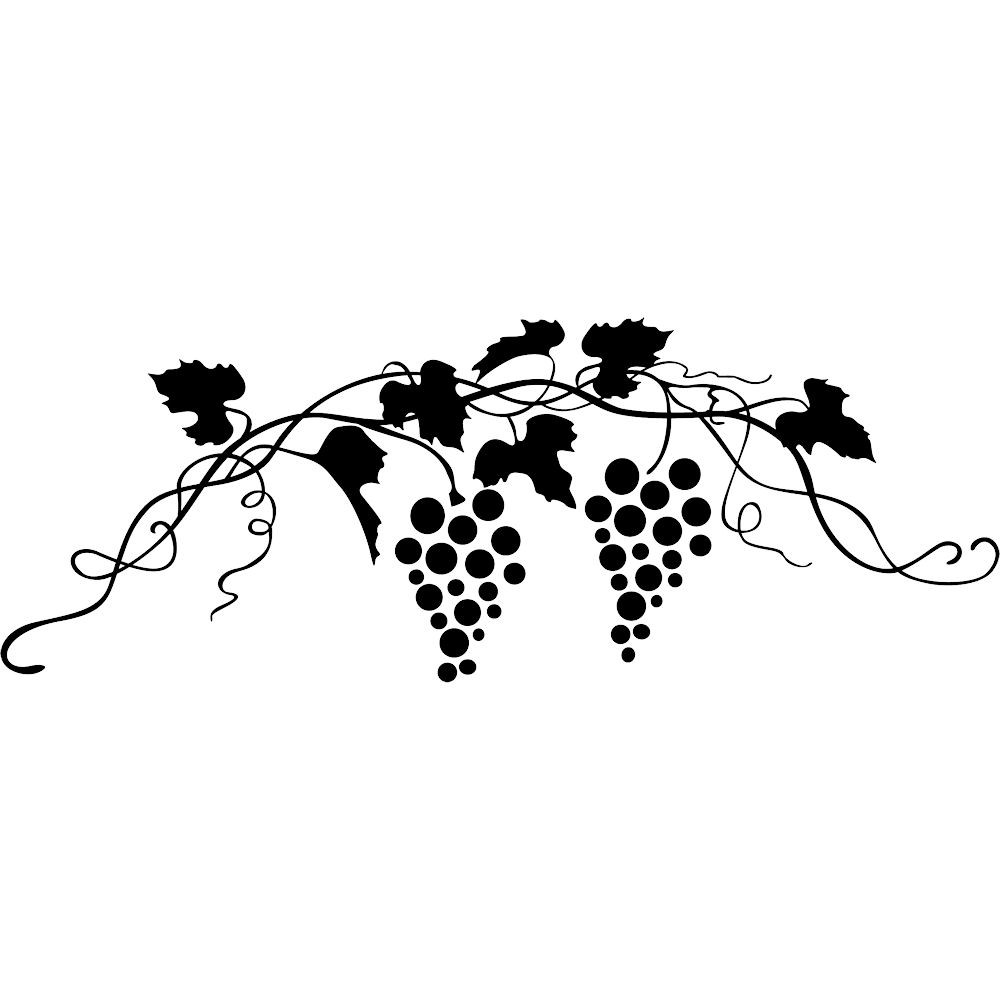 Black silhouette of grapevine with leaves, tendrils, and two clusters of grapes on white background.
