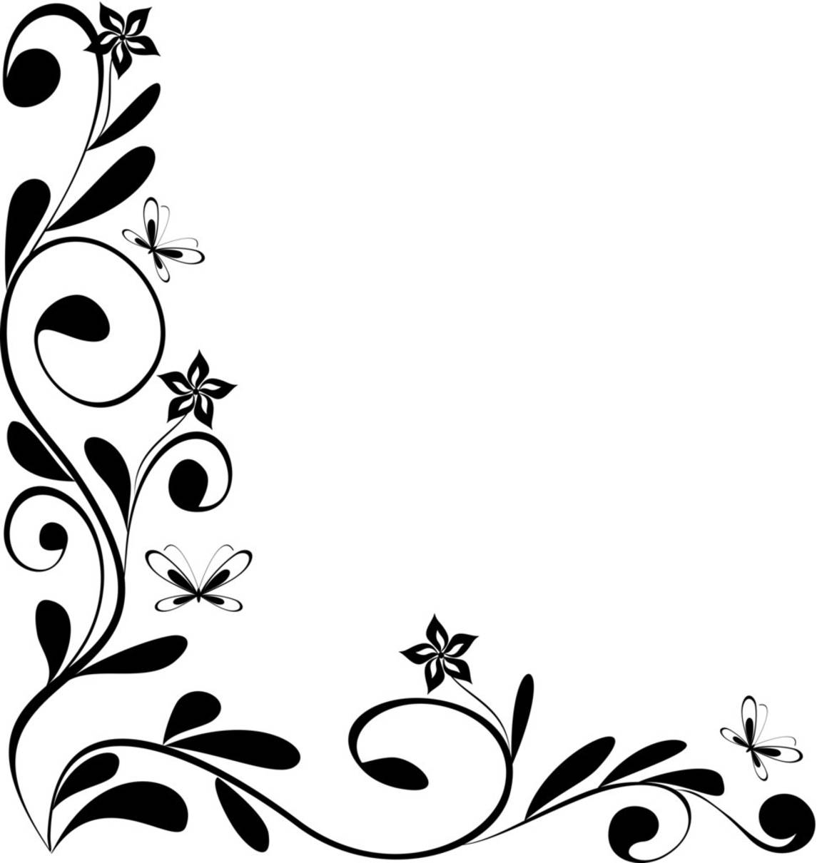 Black and white floral corner border with swirls, leaves, flowers, and butterflies on white background.
