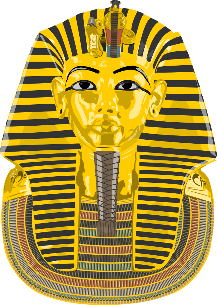 Golden funerary mask of Pharaoh Tutankhamun with striped nemes headdress and uraeus cobra.