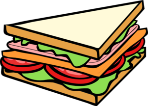 Cartoon-style triangular sandwich with lettuce, tomato, ham, and cheese on white bread.