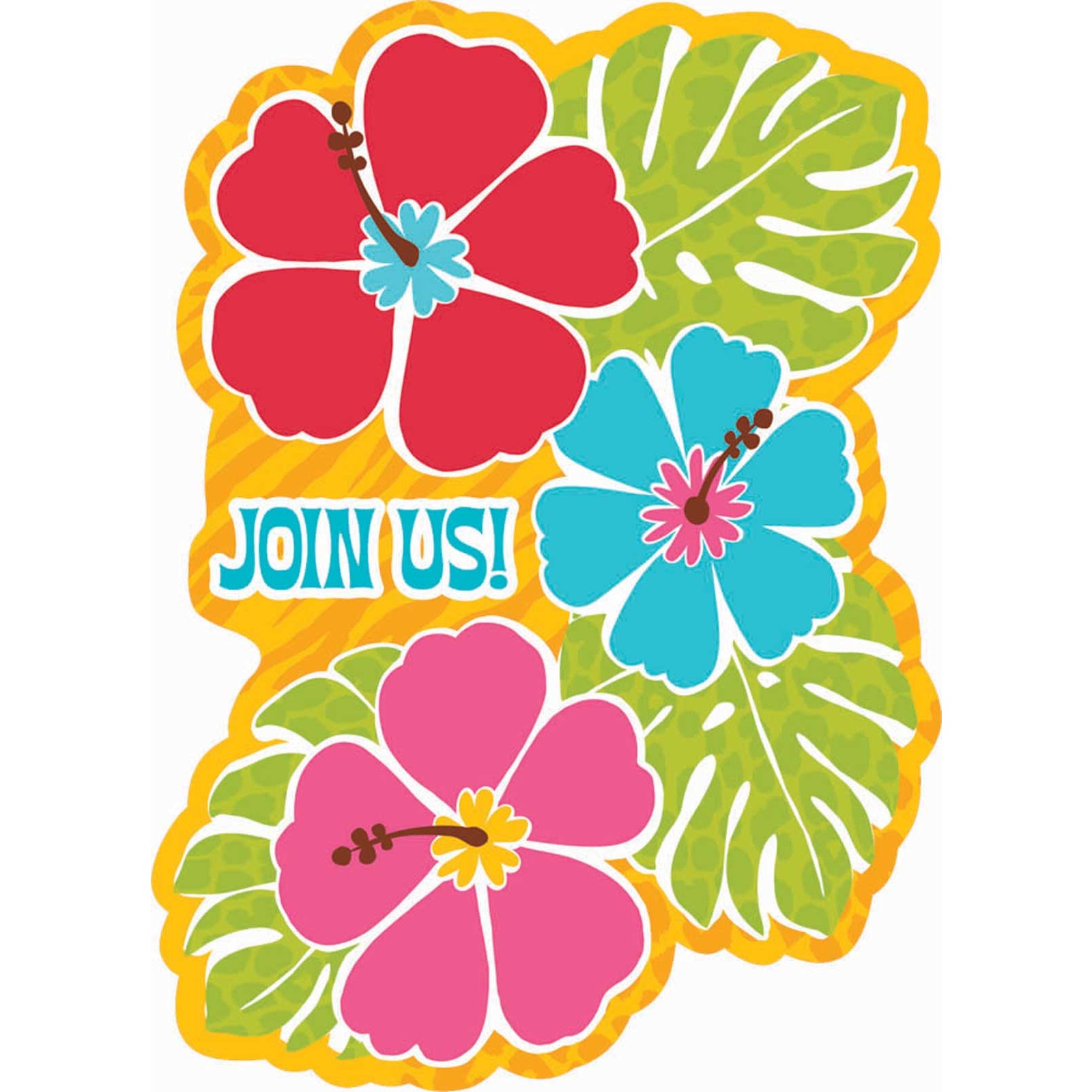 Vibrant tropical hibiscus flowers in red, blue, and pink with green leaves and "JOIN US!" text on a sunny yellow background.