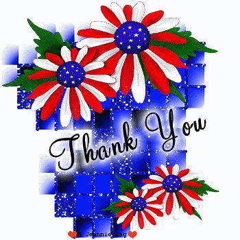 Patriotic daisy flowers in red, white, and blue with "Thank You" text on a sparkling blue mosaic background.