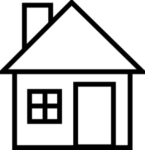 Simple white house icon with triangular roof, door, window, and chimney on black background.