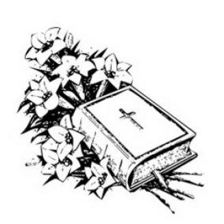 A black-and-white line drawing of a Bible with a cross on its cover, surrounded by lilies and greenery.