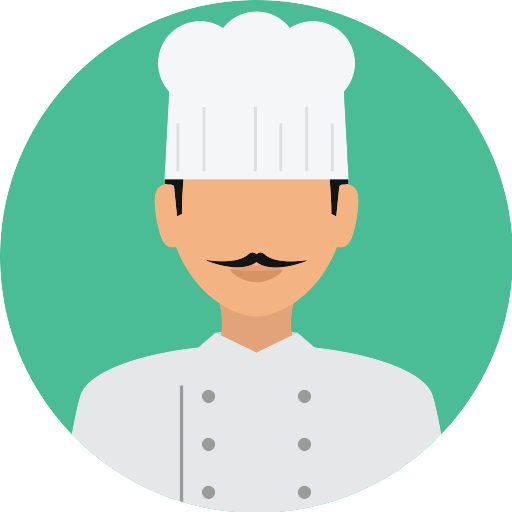 Cartoon chef with white toque, mustache, and double-breasted coat on teal background.