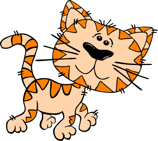 Playful orange-and-cream tabby kitten with striped pattern, raised tail, and cheerful expression.
