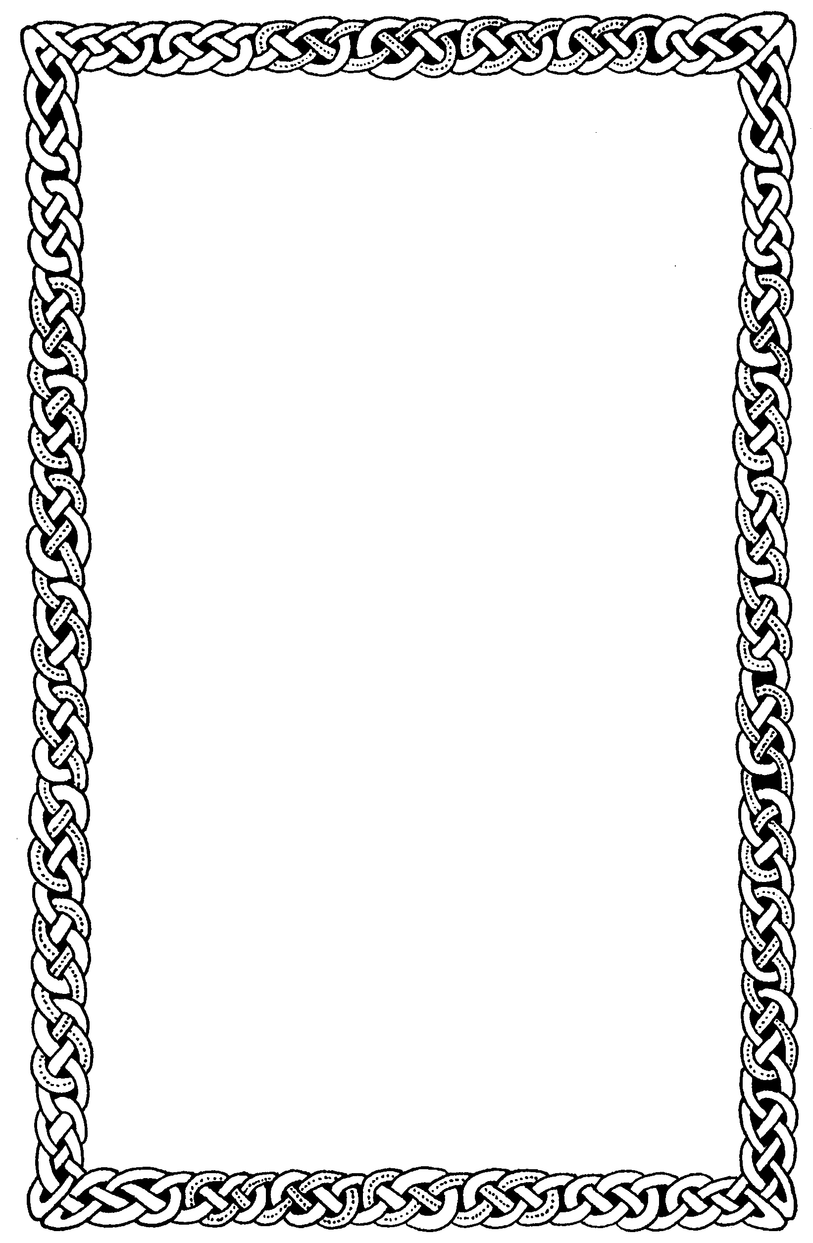Black-and-white Celtic knot border frame with interwoven braided pattern on all four sides.