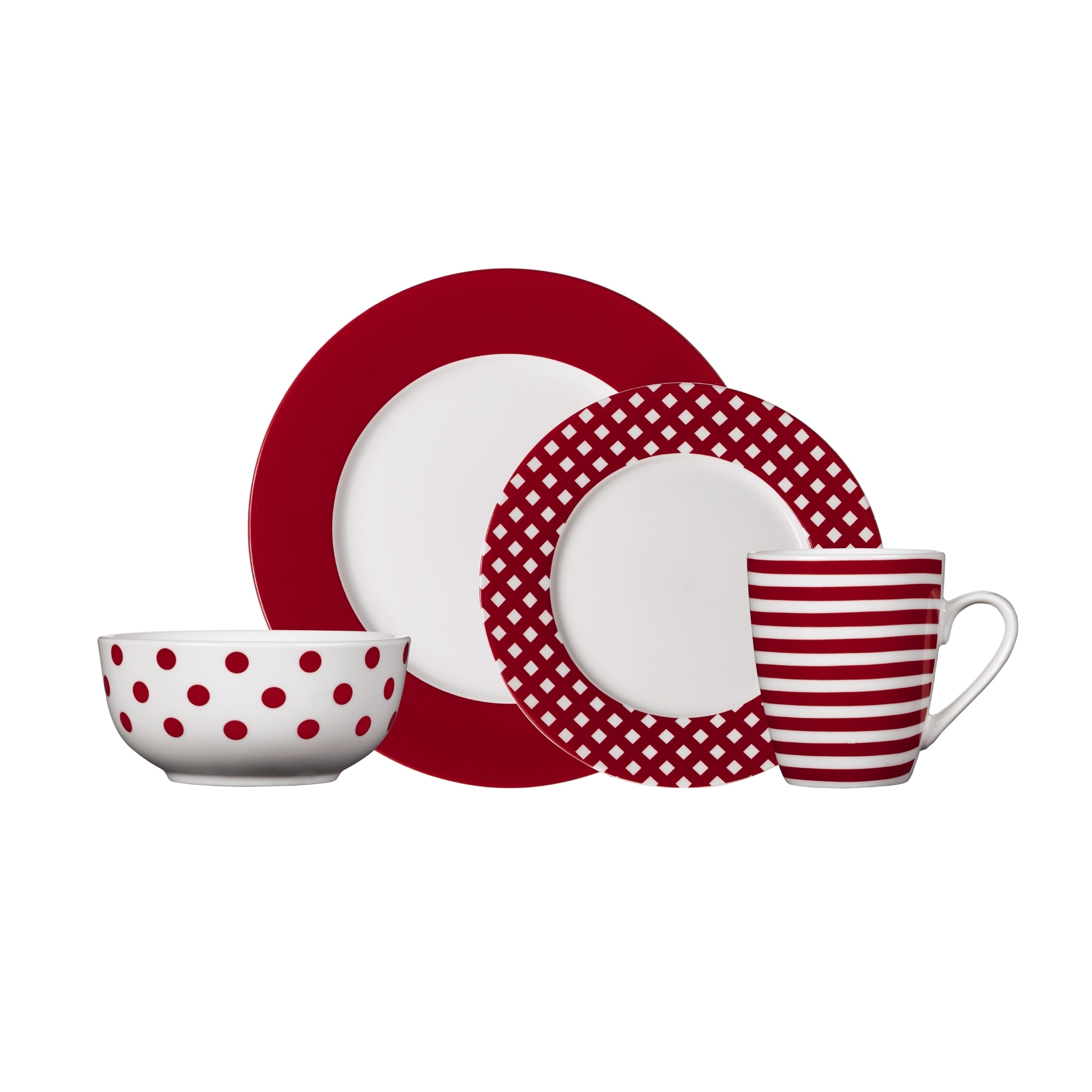 Red & White Patterned Dinnerware Set - Stylish 4-Piece Ceramic Collection