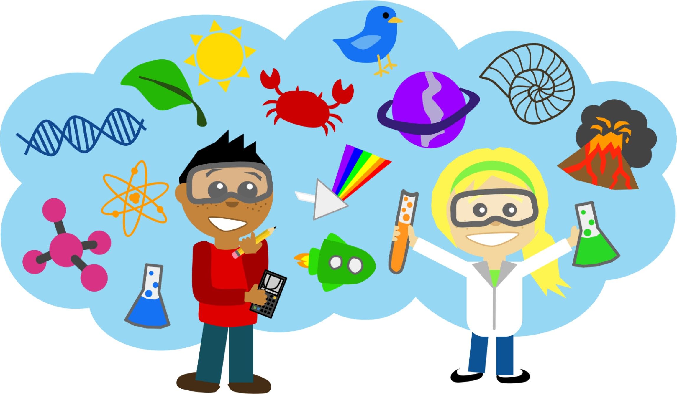 Two smiling young scientists in lab goggles surrounded by science icons like DNA, atoms, planets, volcanoes, and lab equipment.