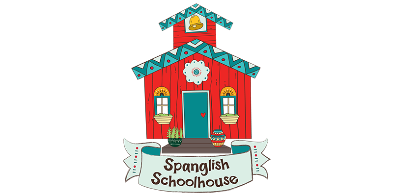 Colorful illustrated red schoolhouse with decorative patterns, potted plants, and "Spanglish Schoolhouse" banner.