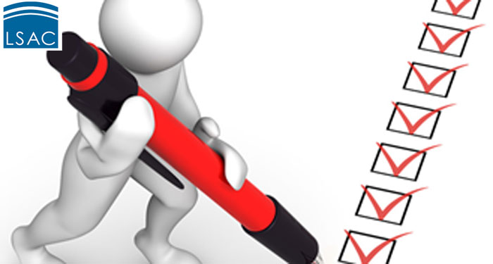 LSAC logo with stylized blue arches above white "LSAC" text, next to a 3D figure checking boxes with a red pen.