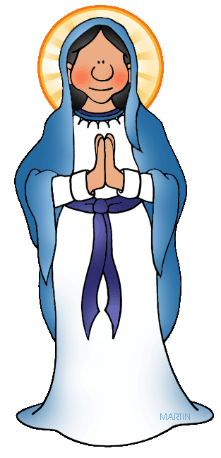 Cartoon illustration of the Virgin Mary with blue mantle, white robe, hands clasped in prayer, and golden halo.