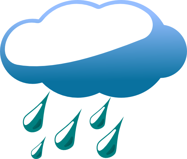 Blue rain cloud with six teal raindrops falling, stylized weather icon.