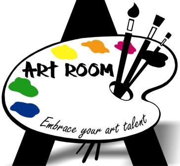 Art Room logo featuring a painter’s palette with colorful paint blobs, brushes, and the text “Art Room - Embrace your art talent” on an easel.