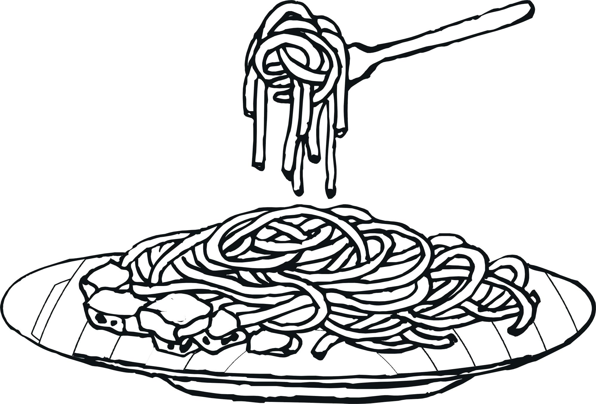 Black-and-white line drawing of spaghetti on a plate with a fork lifting noodles, garnished with diced ingredients.