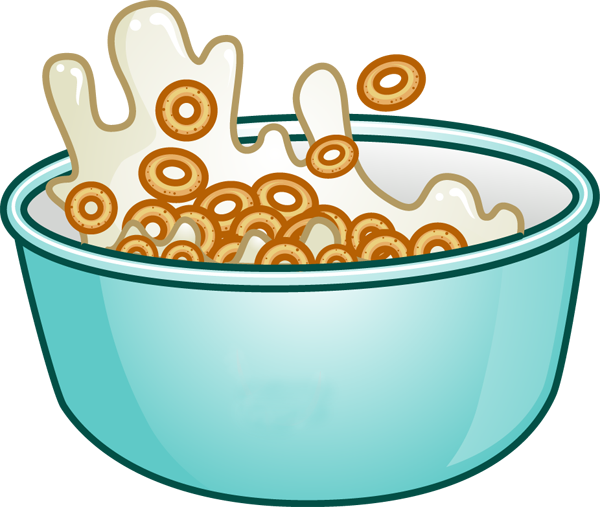 A vibrant illustration of a light blue bowl filled with ring-shaped cereal and splashing milk, with a cereal box pouring more in.