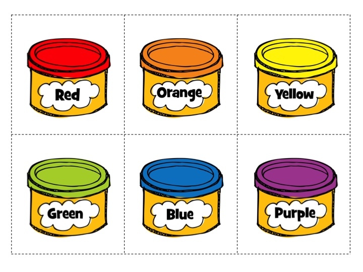 Six illustrated Play-Doh-style color pots labeled Red, Orange, Yellow, Green, Blue, and Purple on a white grid background.