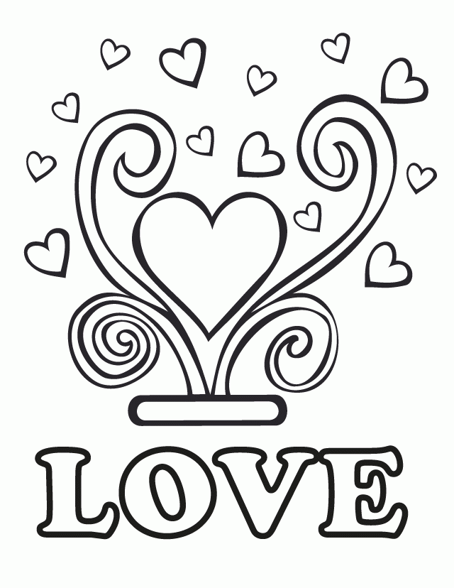 Decorative black-and-white line art featuring a central heart with ornate swirls and floating hearts, labeled "LOVE" below.