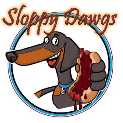 Cartoon dachshund holding a messy sloppy joe sandwich, smiling inside a circular logo with "Sloppy Dawgs" text.