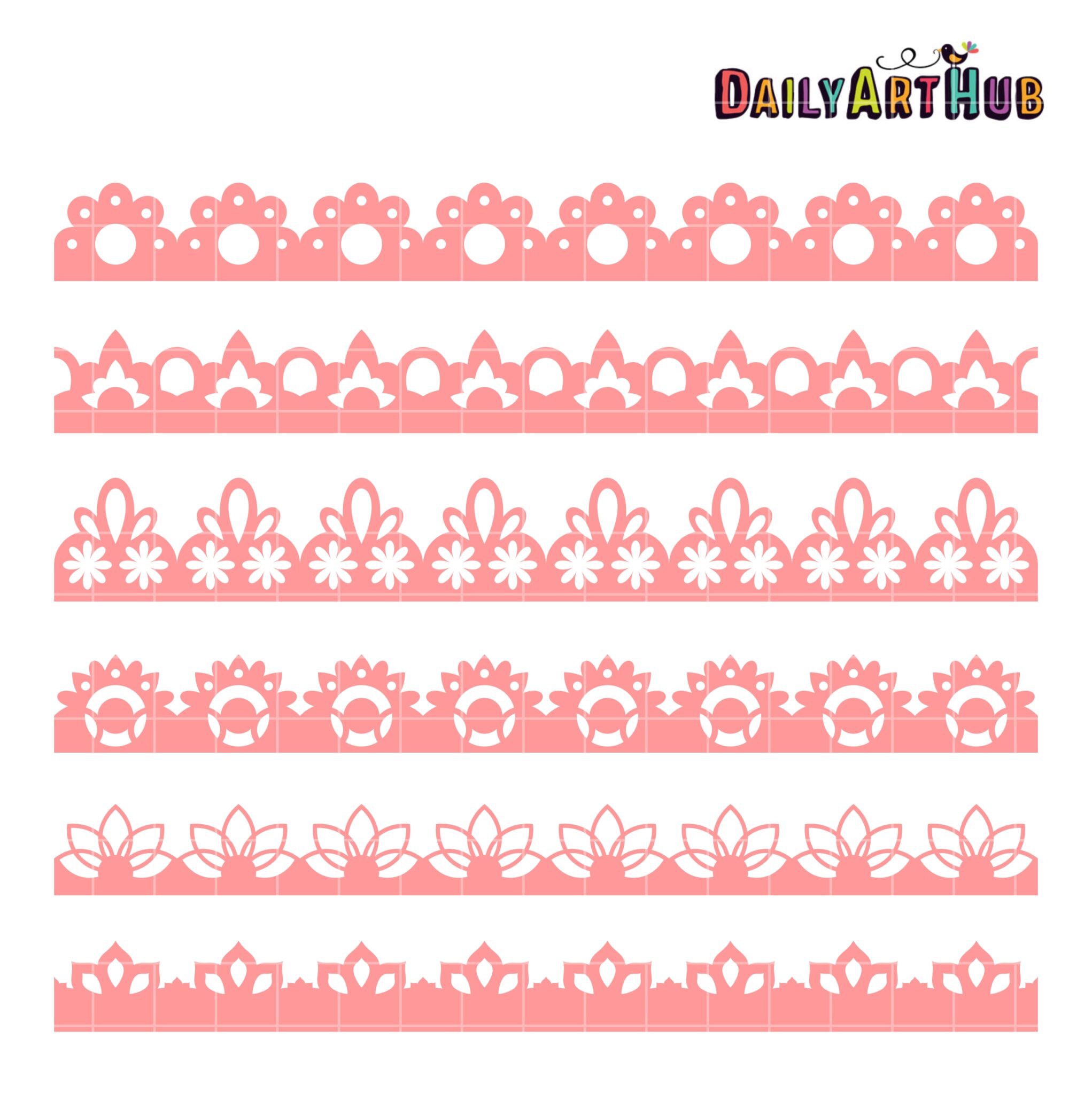 Six decorative pink border designs with floral and lace motifs for crafting and digital projects.