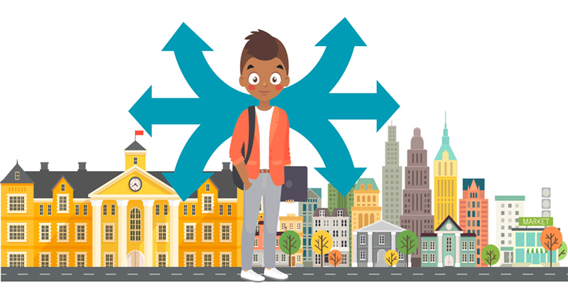 A young student stands before a cityscape with multiple blue arrows pointing in different directions, symbolizing career or life choices.