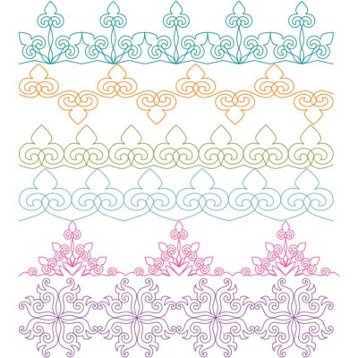 Six colorful ornamental border patterns in teal, orange, green, blue, pink, and purple for design decoration.