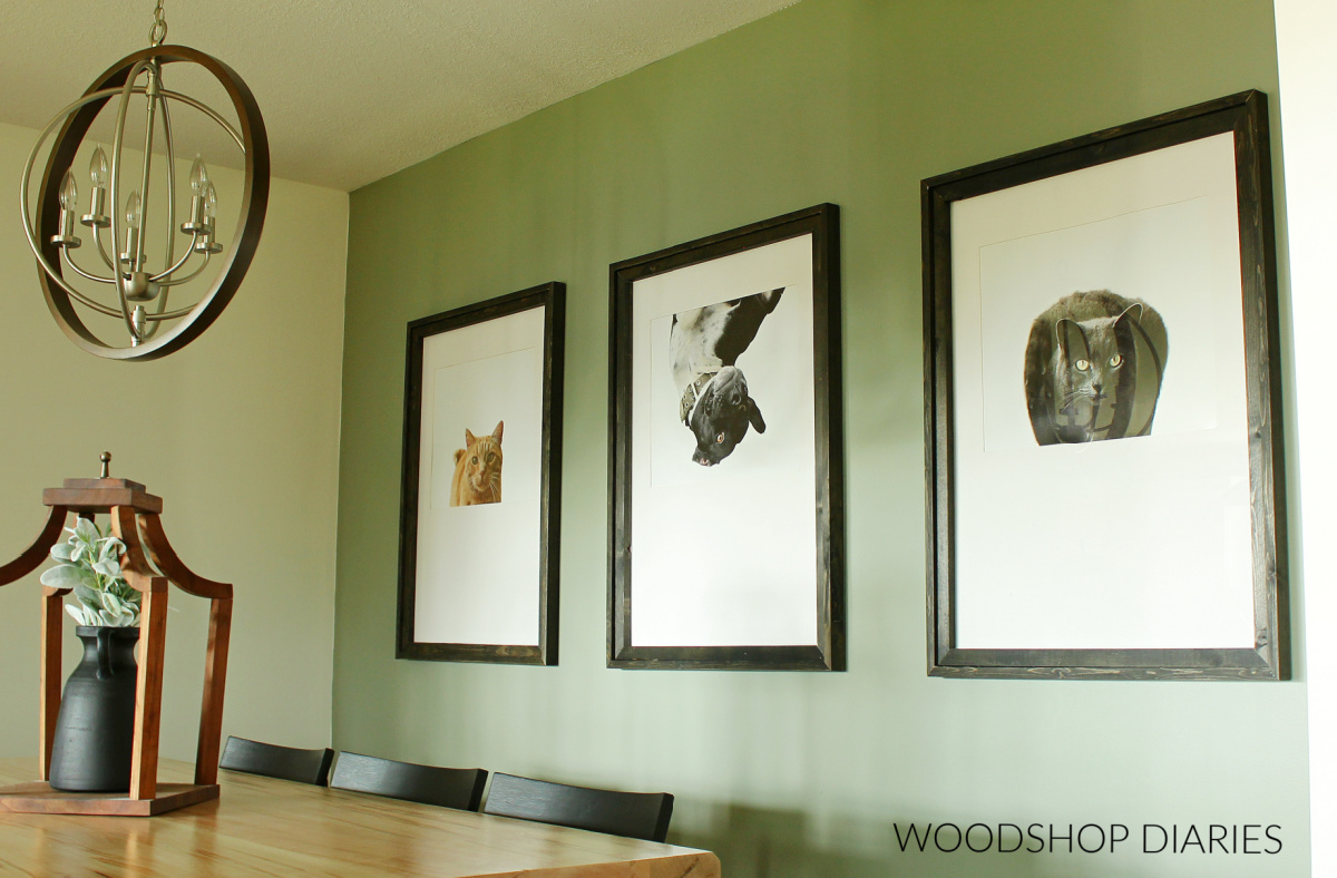 Three framed pet portraits (cat, dog, cat) on olive green wall above dining table with modern chandelier and wooden lantern centerpiece.