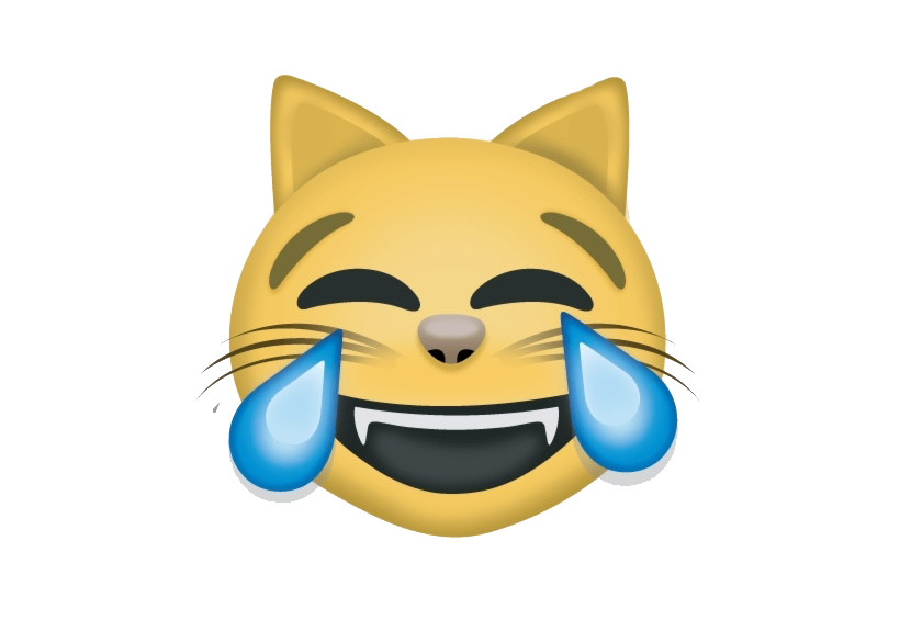 Yellow cat emoji laughing with tears of joy, eyes closed and wide grin showing fangs.