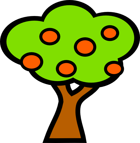 A cartoon-style apple tree with a brown trunk, bright green canopy, and seven orange apples outlined in black.