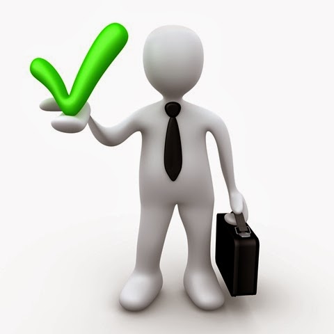White 3D businessman holding a green checkmark and black briefcase, symbolizing success and professionalism.