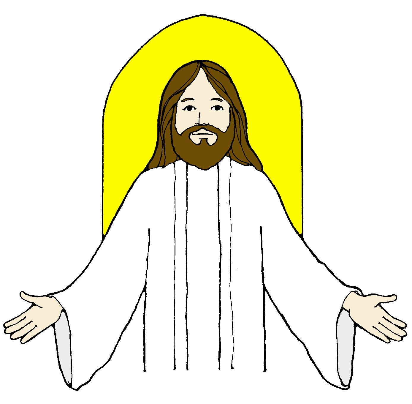 Jesus Christ with outstretched arms, wearing a white robe and a golden halo, depicted in simple line art style.