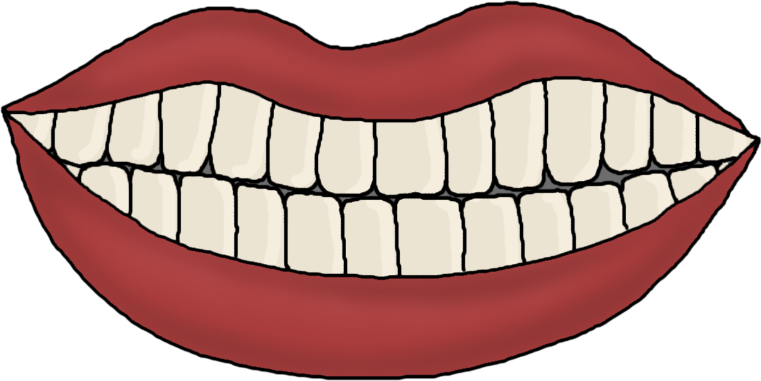 Bright red lips with a wide, cheerful smile showing straight, white teeth.