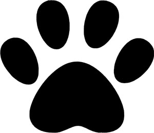 Black silhouette of a dog or cat paw print with four toe pads and a large heel pad on white background.
