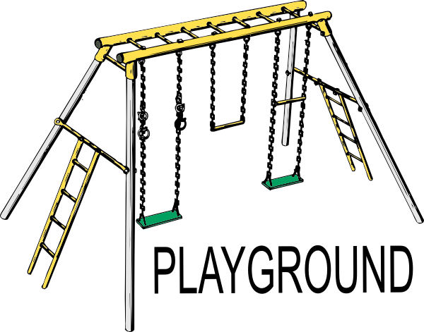 Colorful playground structure with swings, ladders, and monkey bars labeled "PLAYGROUND".