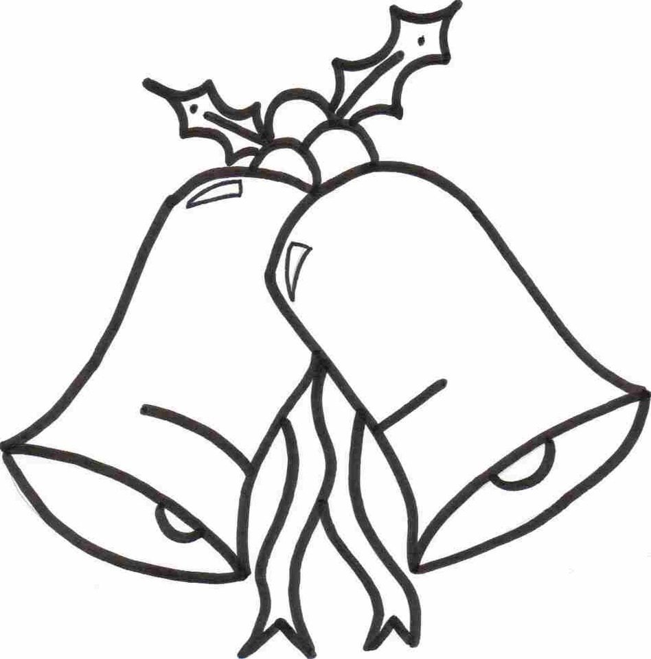 Two Christmas bells tied with ribbon and adorned with holly leaves and berries.